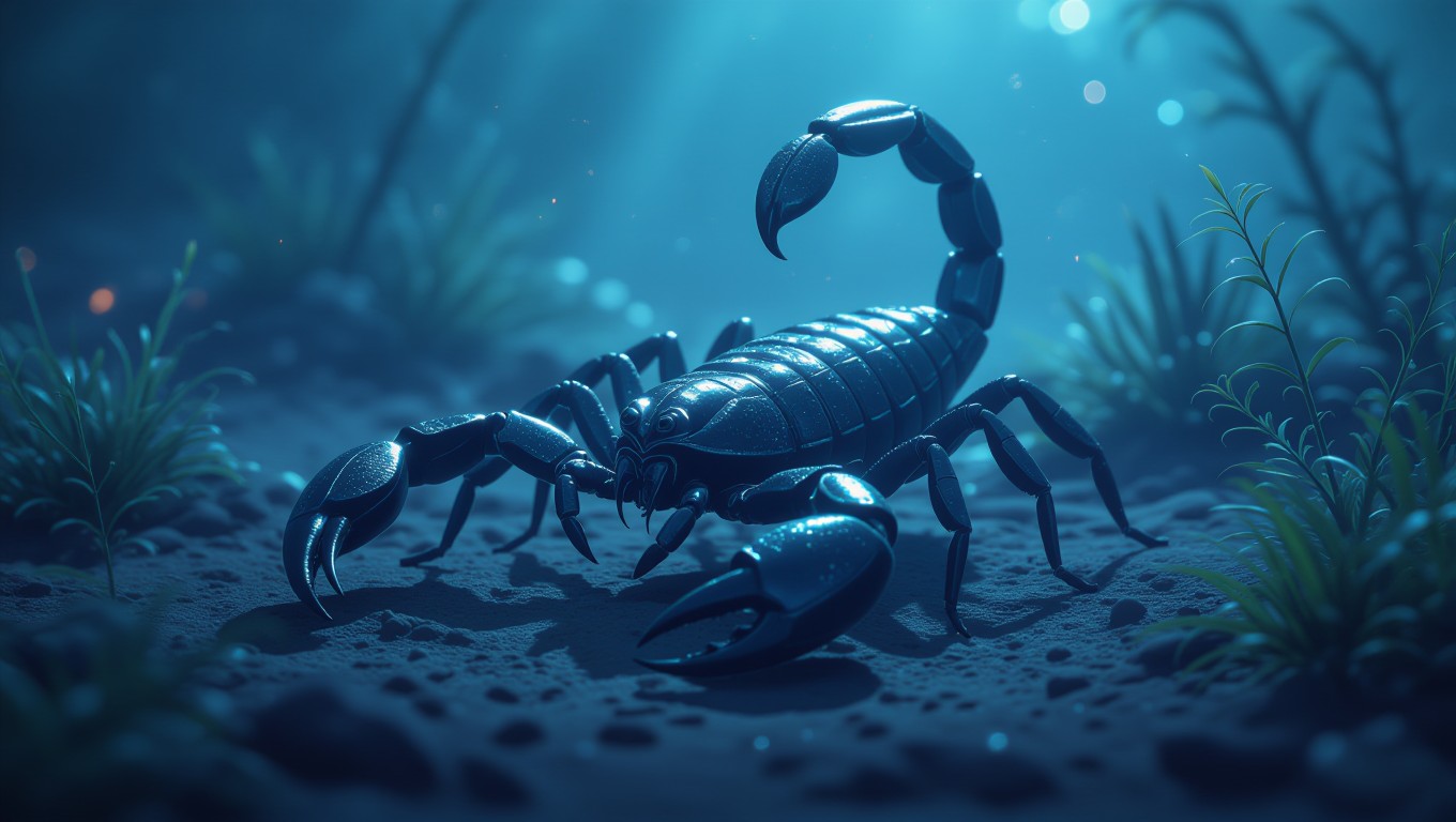 Ein Skorpion, der auf dem Grund eines Gewässers zwischen Pflanzen sitzt.