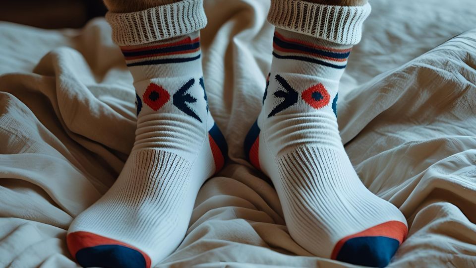 Ein Paar bunte Socken liegt auf einem Bett, symbolisiert Schutz und Geborgenheit.