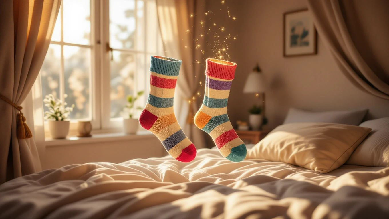 Bunte Socken schweben über einem Bett in einem hellen Raum.