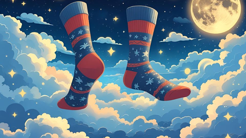 Bunte Socken schweben in einer traumhaften Wolkenlandschaft unter dem Mond.