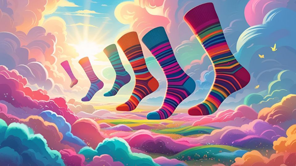Bunte Socken schweben in einer traumhaften Wolkenlandschaft.