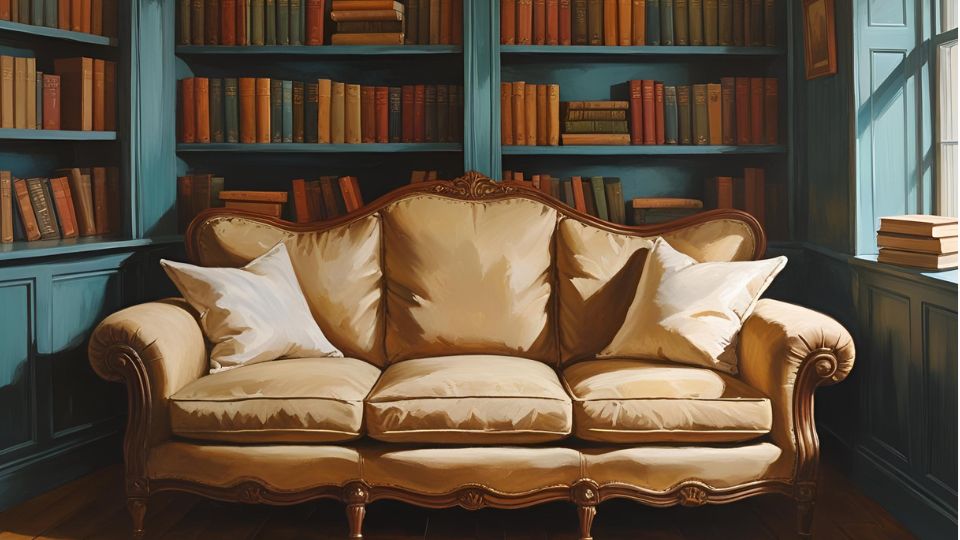 Ein elegantes, beiges Sofa vor einem Bücherregal mit bunten Büchern.