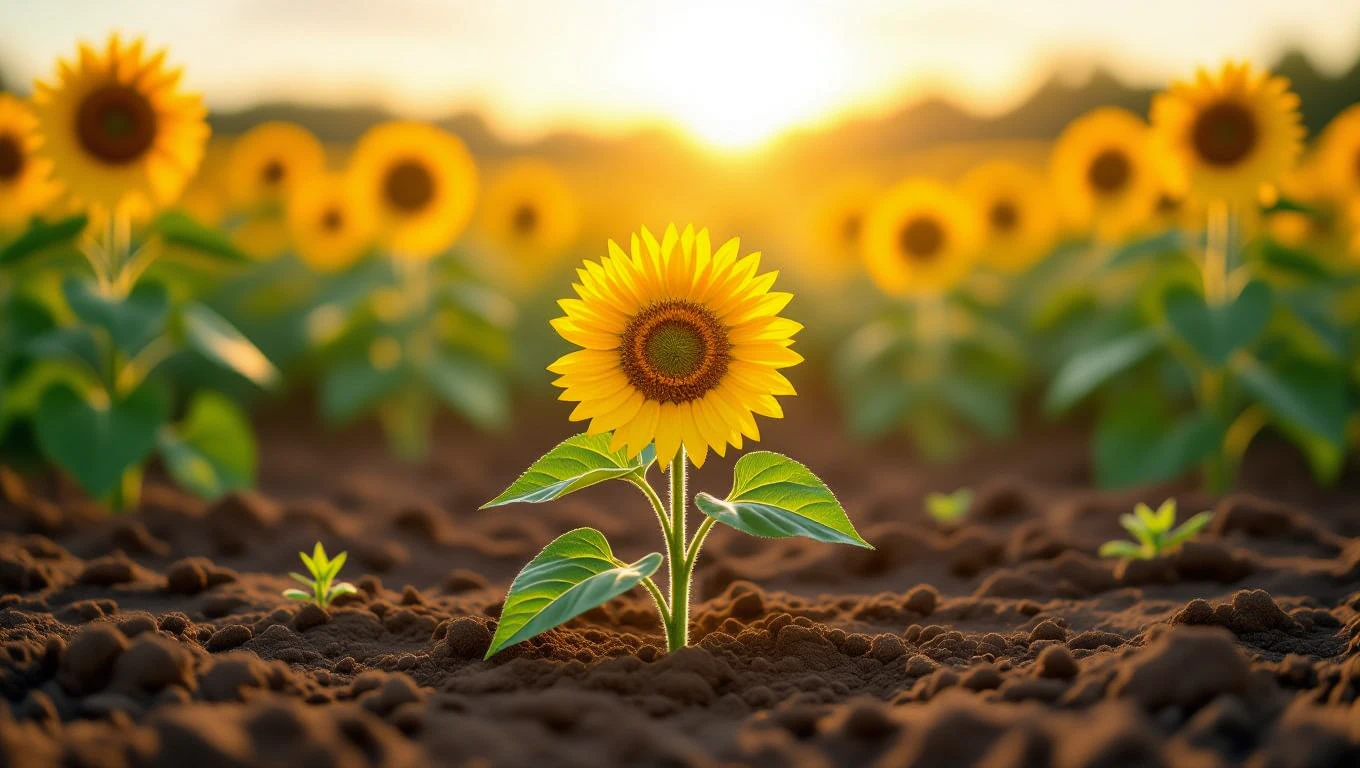 Eine strahlende Sonnenblume wächst in fruchtbarem Boden, umgeben von weiteren Sonnenblumen.