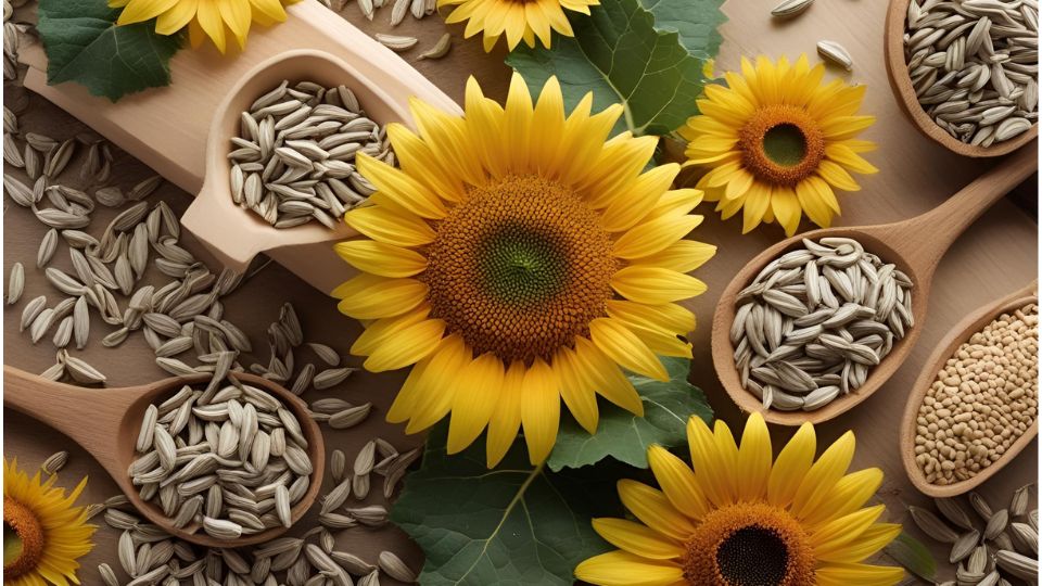 Eine Sonnenblume umgeben von Sonnenblumenkernen und Blättern auf einem Holzuntergrund.