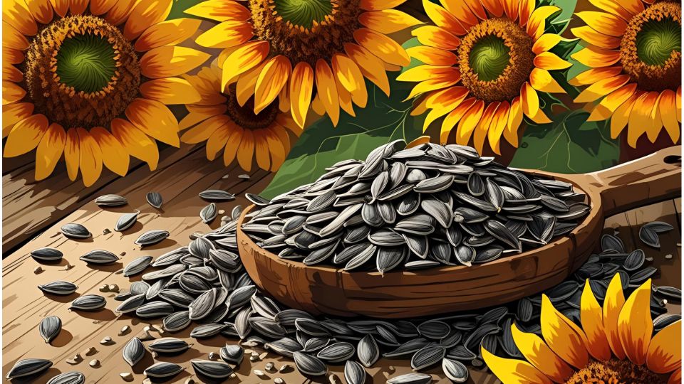 Eine Schaufel mit Sonnenblumenkernen liegt auf einem Holztisch, umgeben von Sonnenblumen.