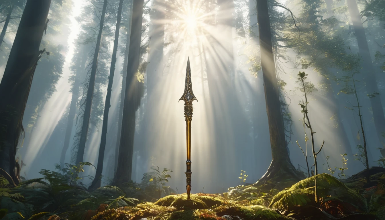 Ein kunstvoll gestalteter Speer steht im Nebelwald, umgeben von Lichtstrahlen.