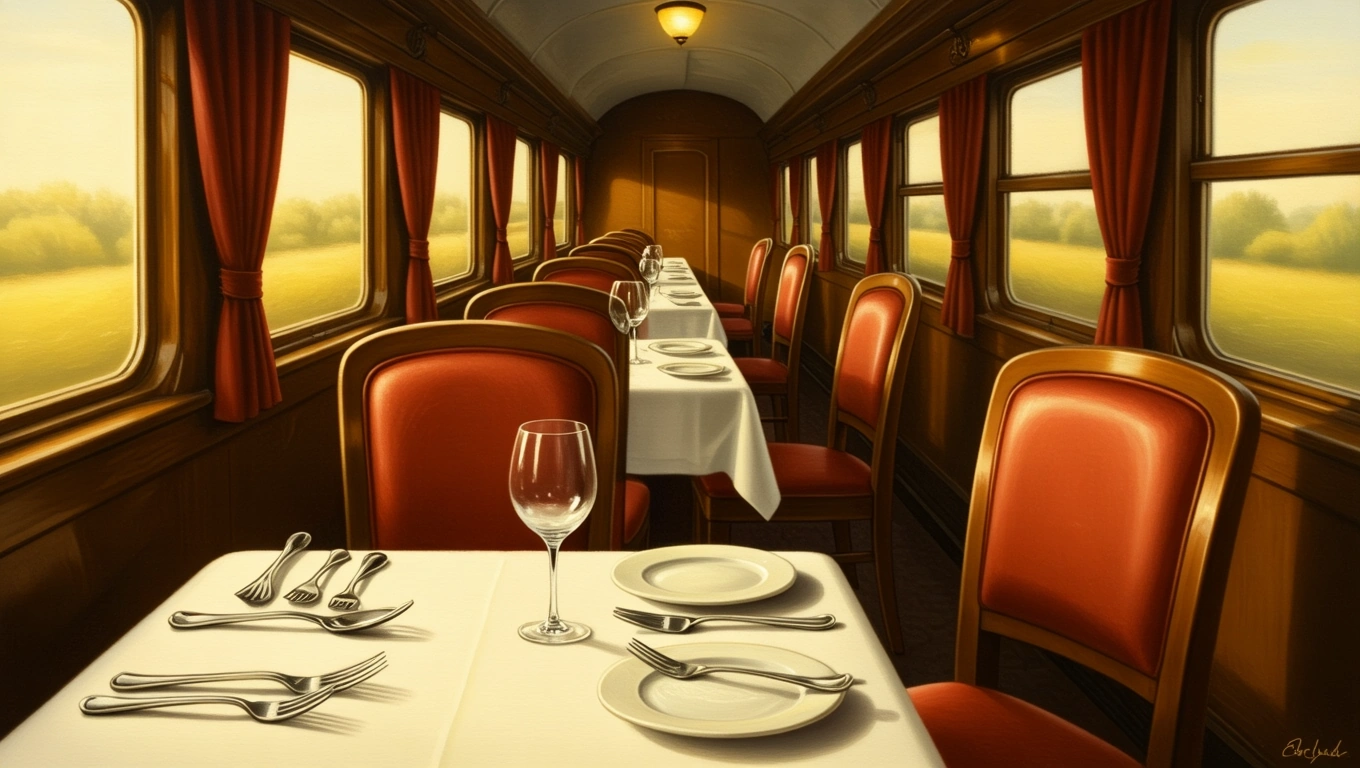 Ein eleganter Speisewagen mit gedeckten Tischen und Blick auf die Landschaft.