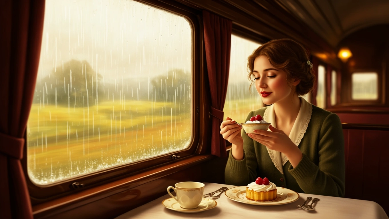 Eine Frau genießt ein Dessert in einem Speisewagen, während es regnet.