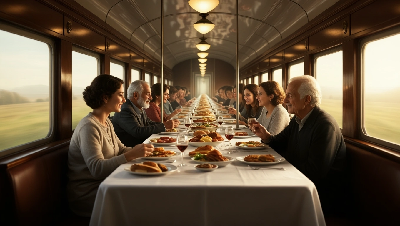 Eine Gruppe von Menschen genießt ein festliches Essen in einem Speisewagen.