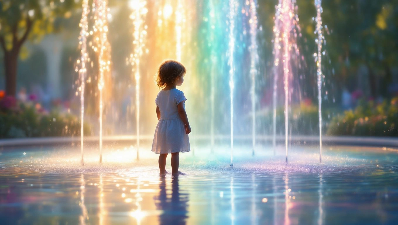 Ein Kind steht vor einem bunten Springbrunnen, umgeben von Wasserstrahlen.