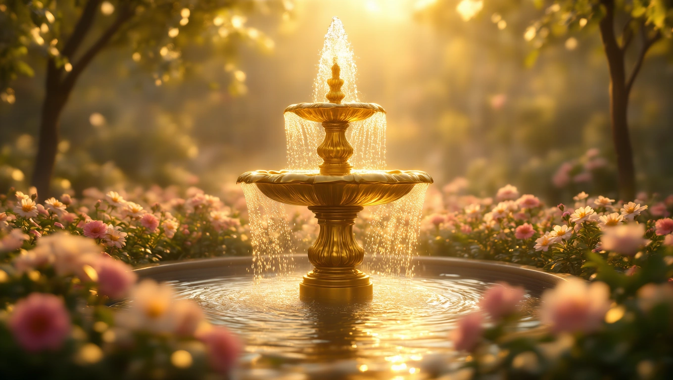 Ein goldener Springbrunnen sprudelt inmitten blühender Blumen.