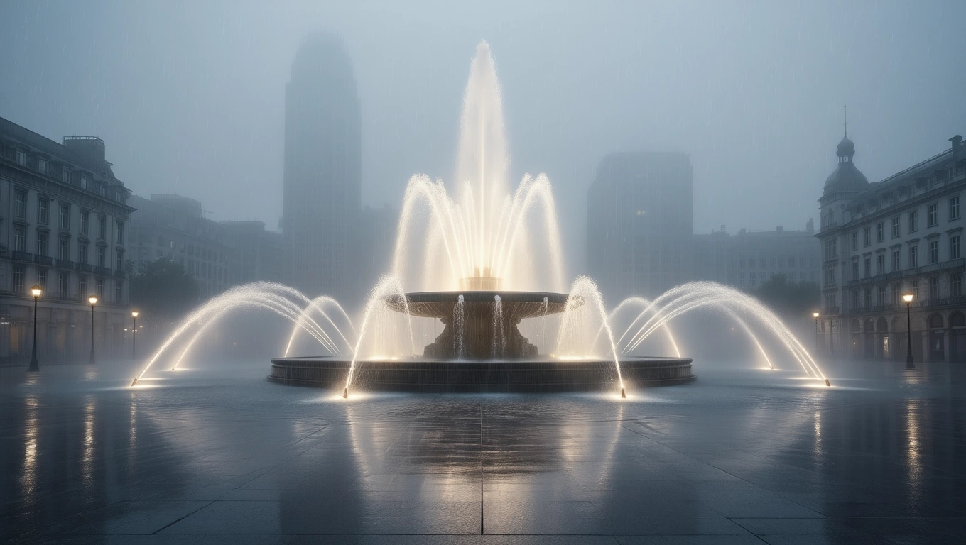 Ein beleuchteter Springbrunnen sprudelt in einer nebligen Stadtlandschaft.