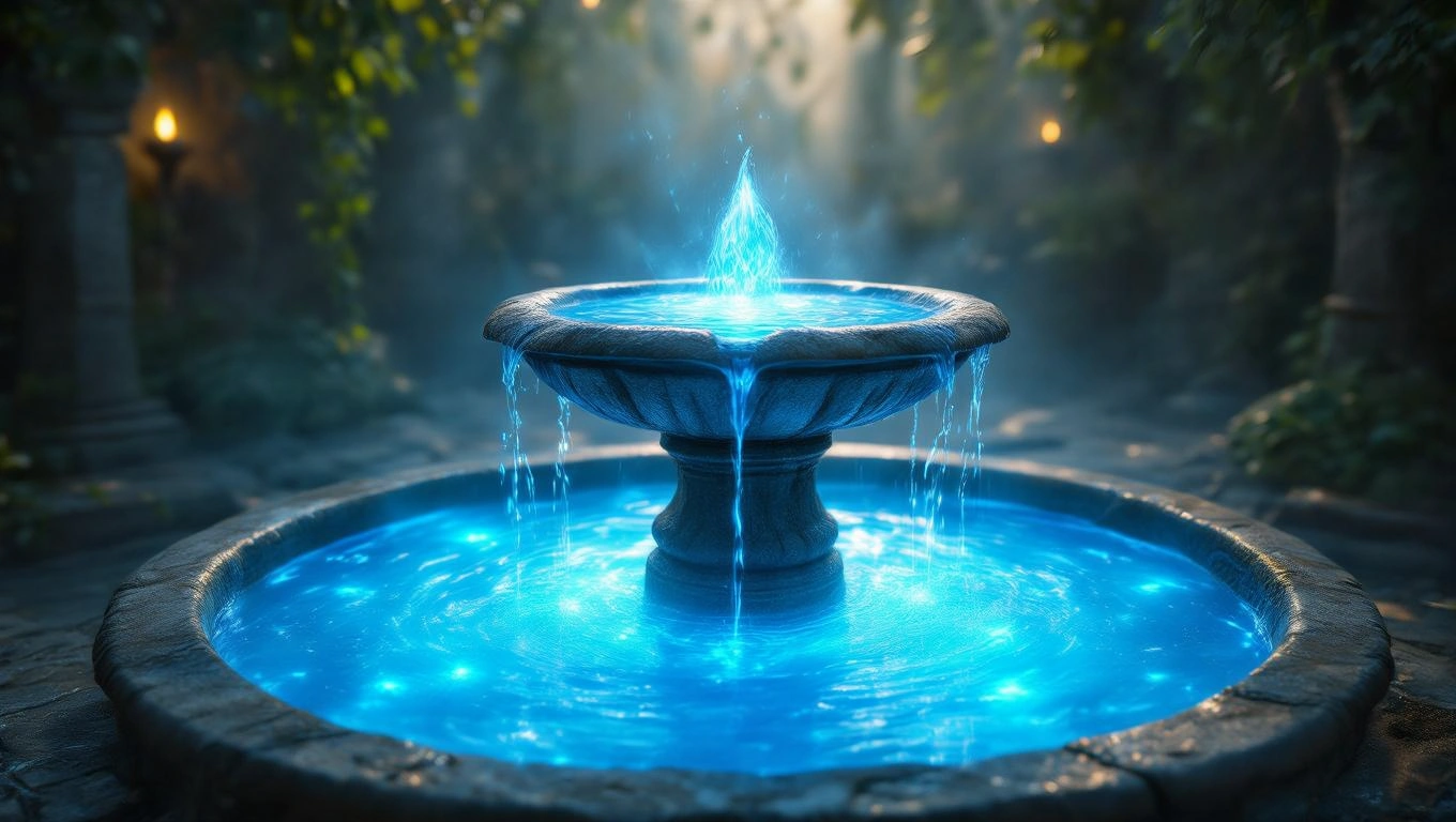 Ein sprudelnder Brunnen mit leuchtendem Wasser in einer ruhigen Umgebung.