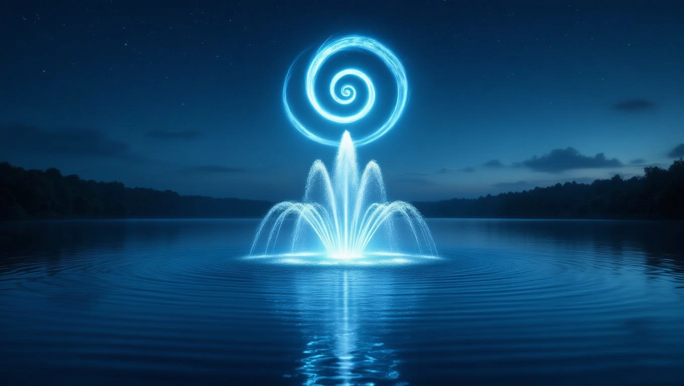 Ein leuchtender Springbrunnen in der Nacht, der Lebensenergie symbolisiert.