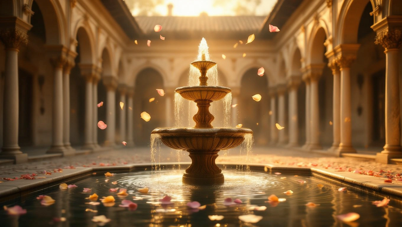 Ein eleganter Springbrunnen in einem Innenhof, umgeben von blühenden Blütenblättern.