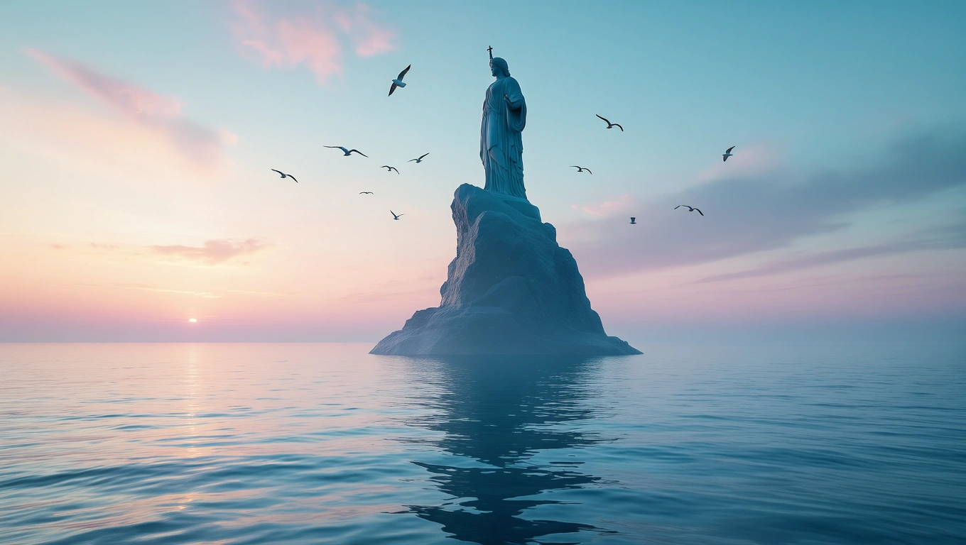 Eine majestätische Statue steht auf einem Felsen im ruhigen Wasser, umgeben von Vögeln.