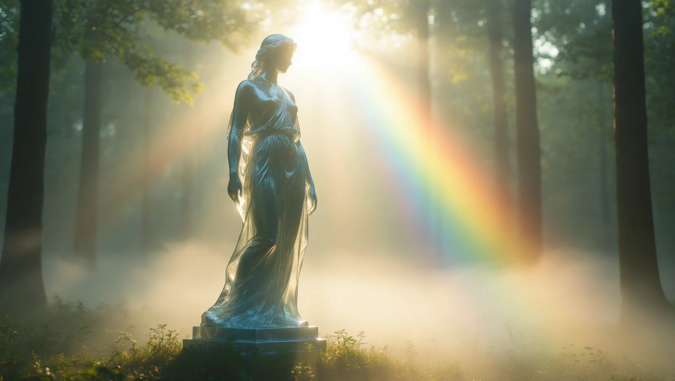 Eine Statue in einem nebligen Wald, umgeben von sanftem Licht und einem Regenbogen.