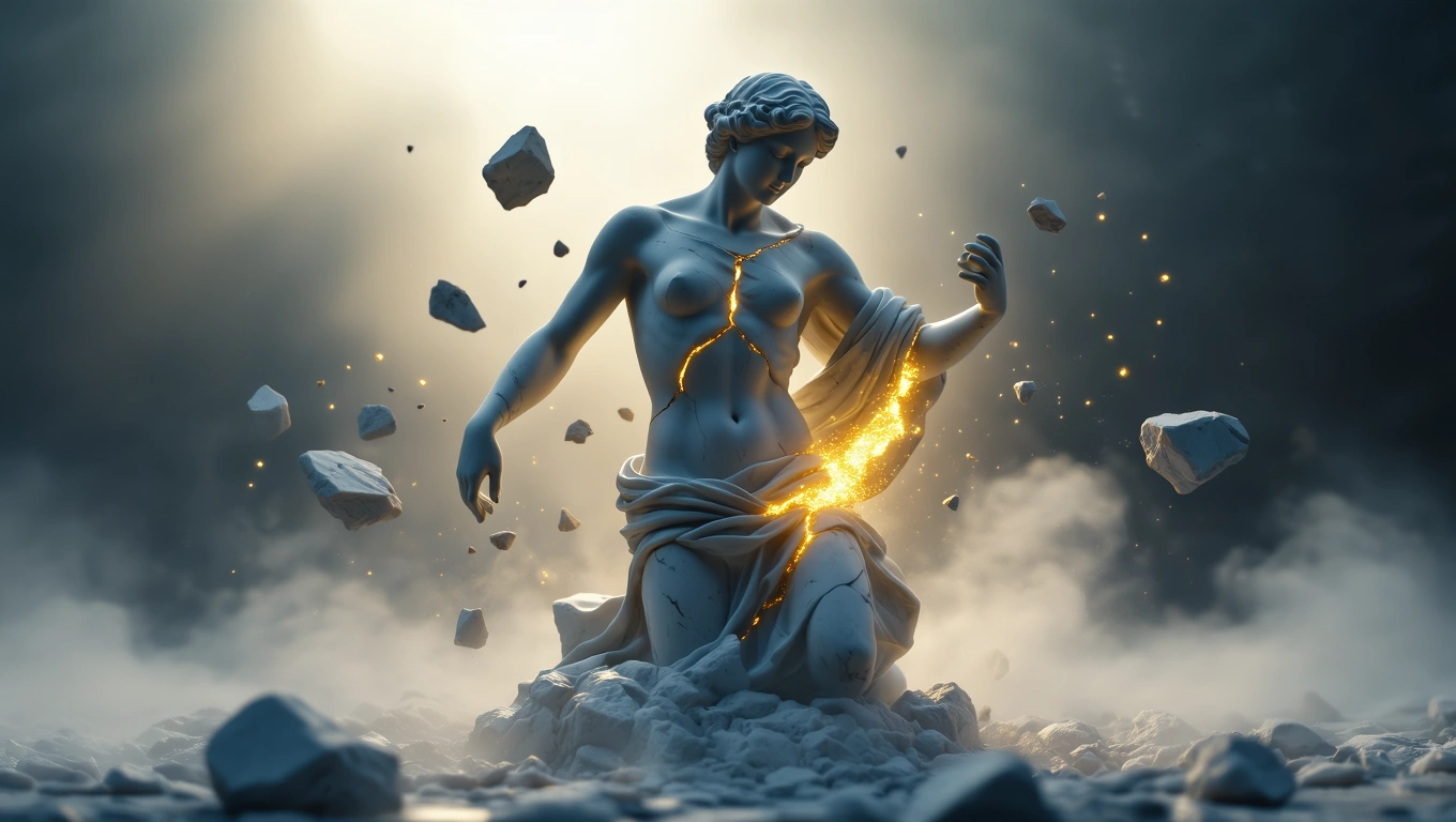 Eine Statue, die bricht und goldenes Licht ausstrahlt, symbolisiert Transformation.