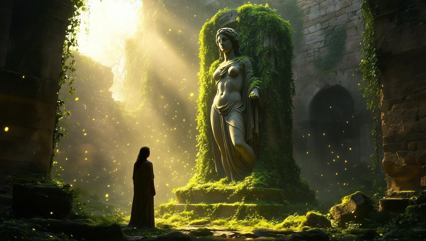 Eine Statue, umgeben von Pflanzen, strahlt im sanften Licht einer Ruine.