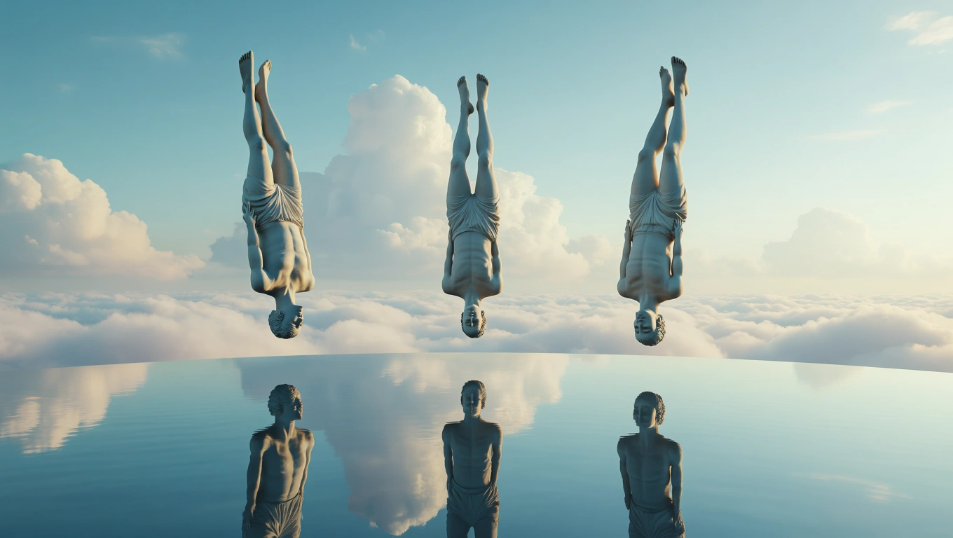 Drei schwebende Statuen reflektieren im Wasser, umgeben von Wolken.