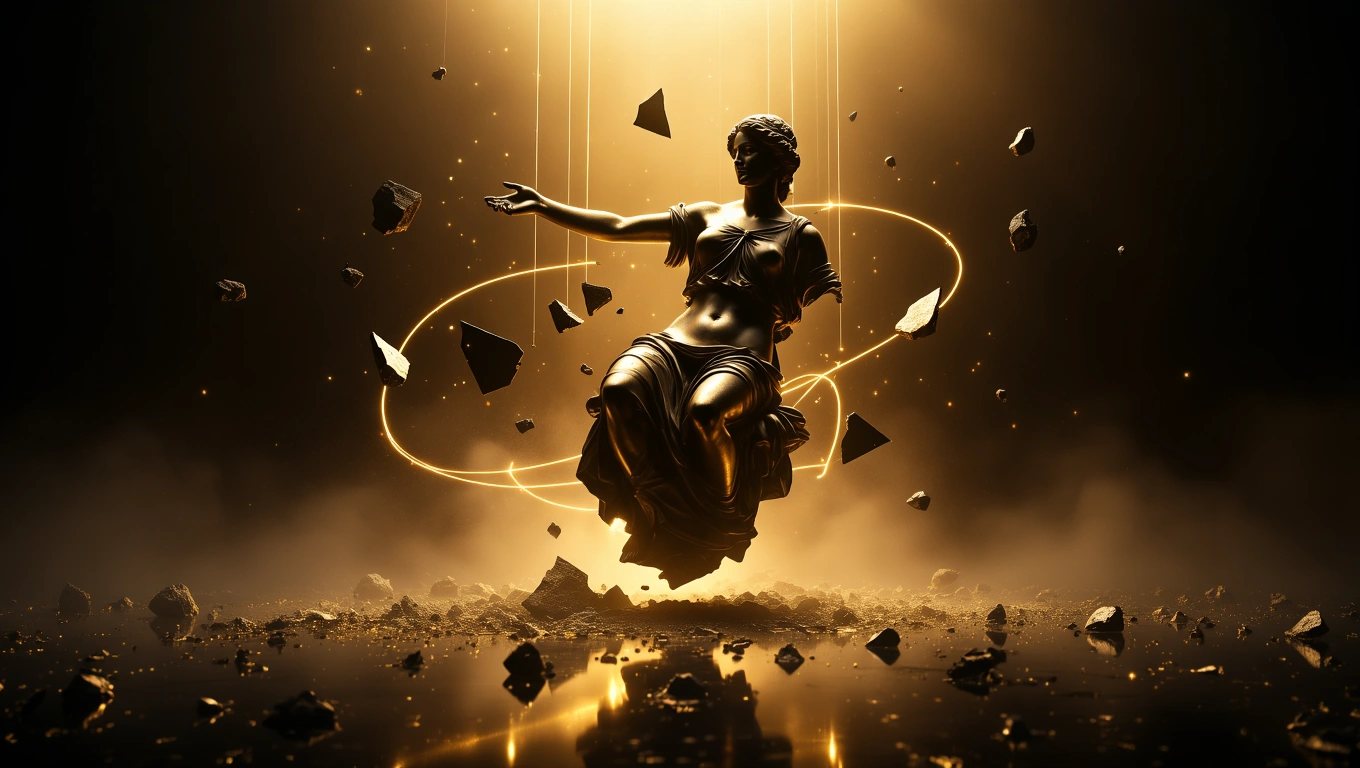 Eine goldene Statue schwebt in einem mystischen Licht, umgeben von schwebenden Steinen.