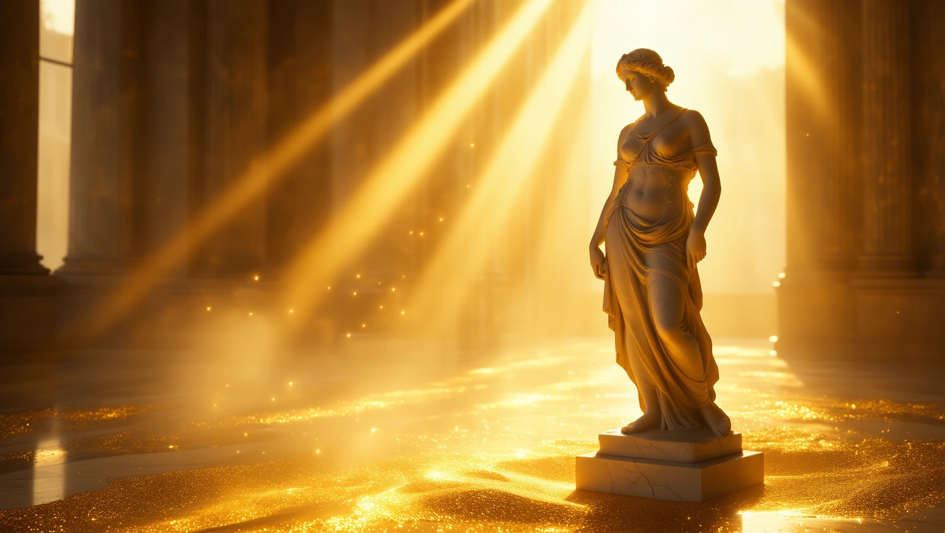 Eine Statue steht im Lichtstrahl, symbolisiert Selbstverwirklichung und innere Erleuchtung.