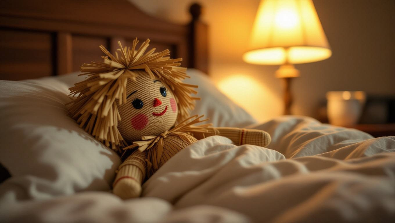 Eine Strohpuppenfigur liegt gemütlich im Bett unter einer Decke.