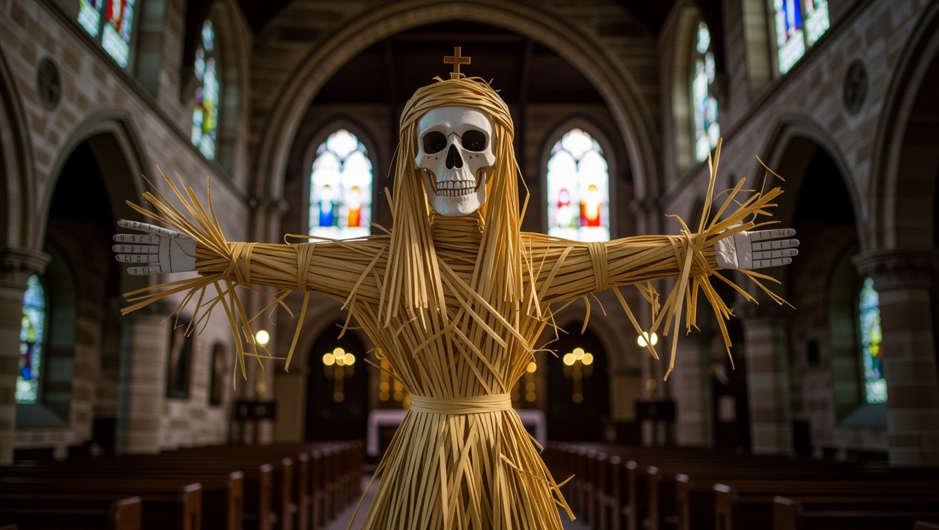 Eine Strohpuppe mit einem Totenschädel in einer Kirche, umgeben von bunten Fenstern.