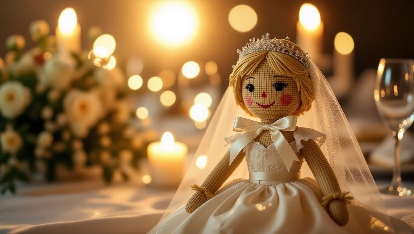 Eine Strohpuppenbraut in einem romantischen Setting mit Kerzenlicht.