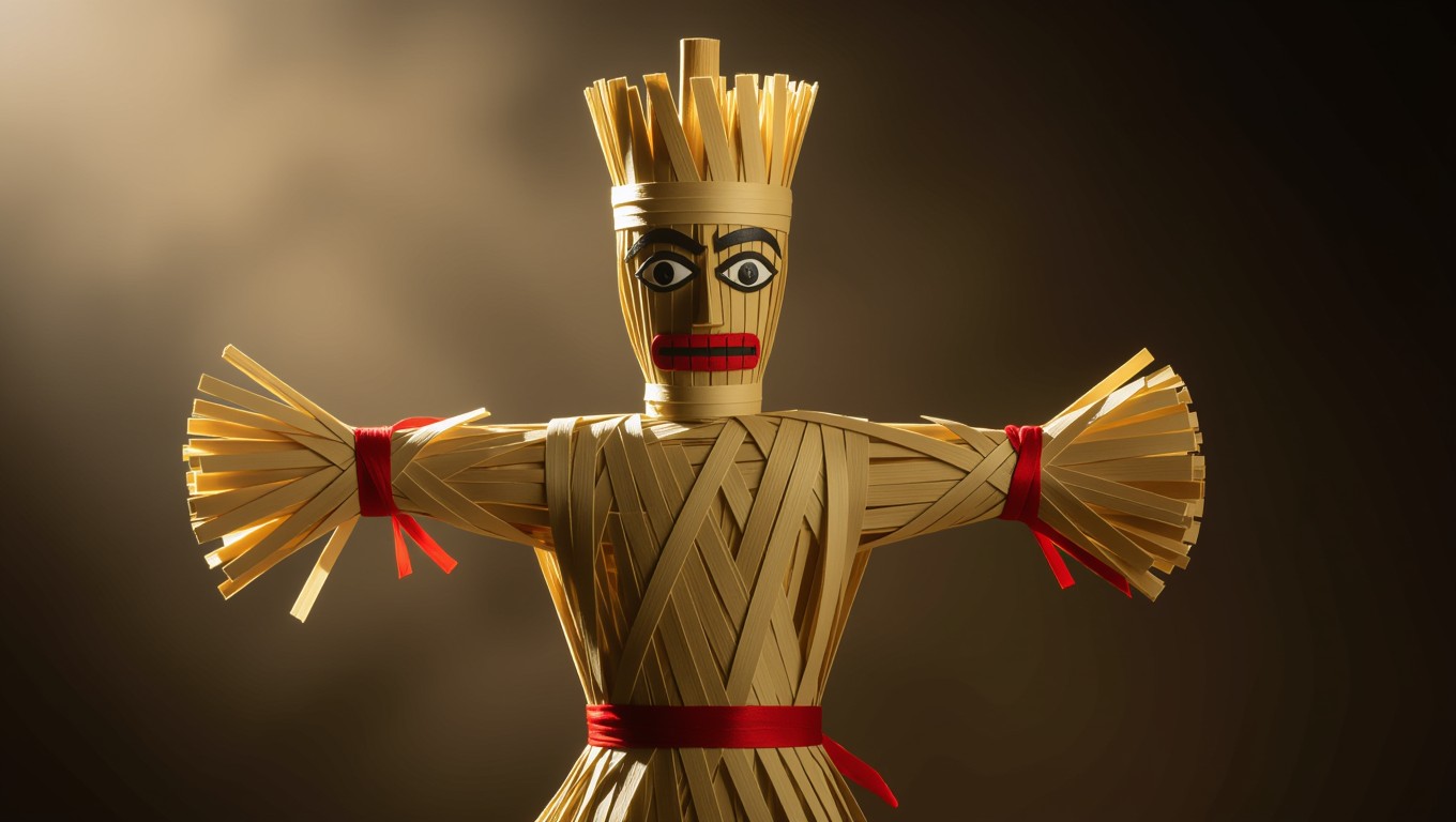 Ein Strohmann mit ausdrucksstarkem Gesicht und roten Bändern, symbolisiert Erneuerung.