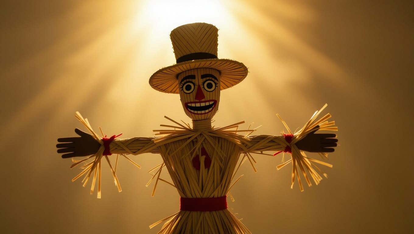 Ein Strohmann mit einem breiten Lächeln und einem Hut, beleuchtet von sanftem Licht.