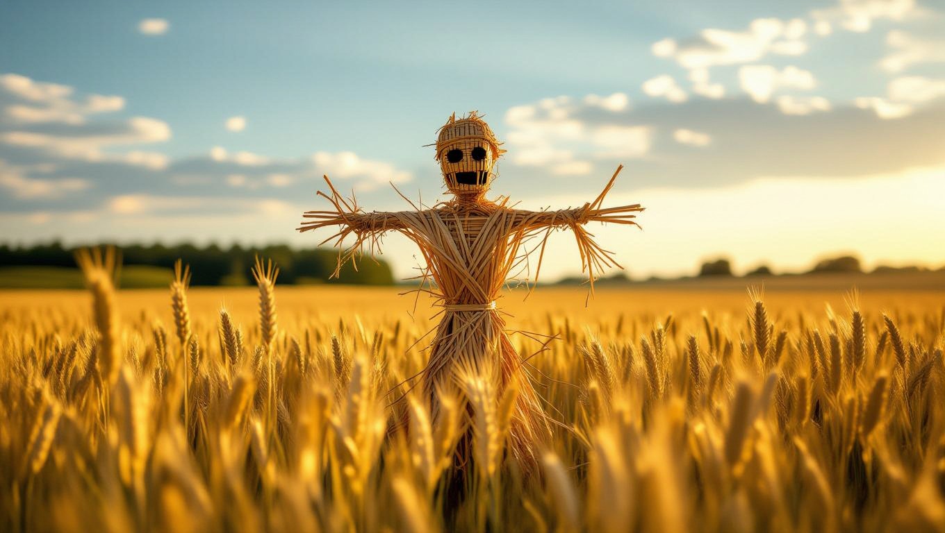 Ein Strohmann steht in einem goldenen Weizenfeld unter blauem Himmel.