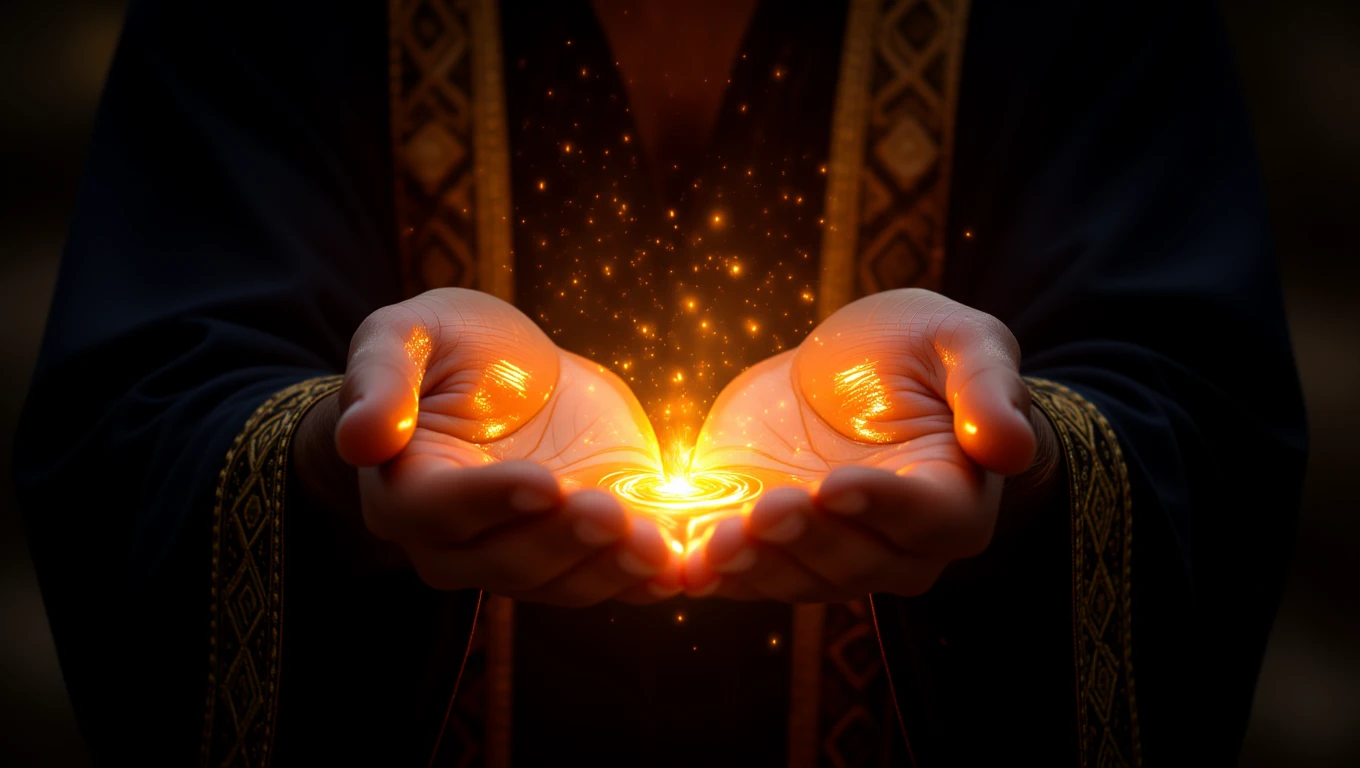 Hände halten leuchtendes Öl, symbolisierend Heilung und inneren Reichtum.