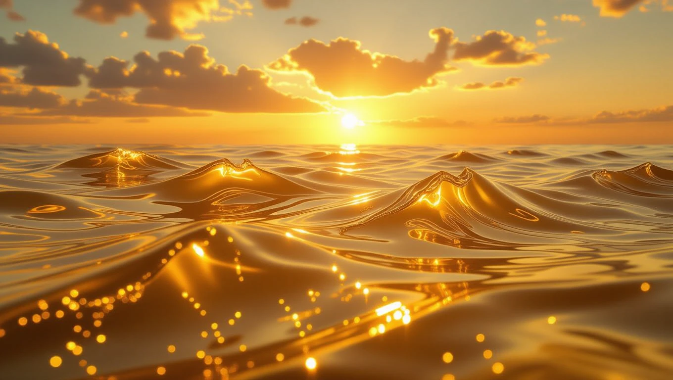 Ein goldener Ozean reflektiert das Licht der untergehenden Sonne.