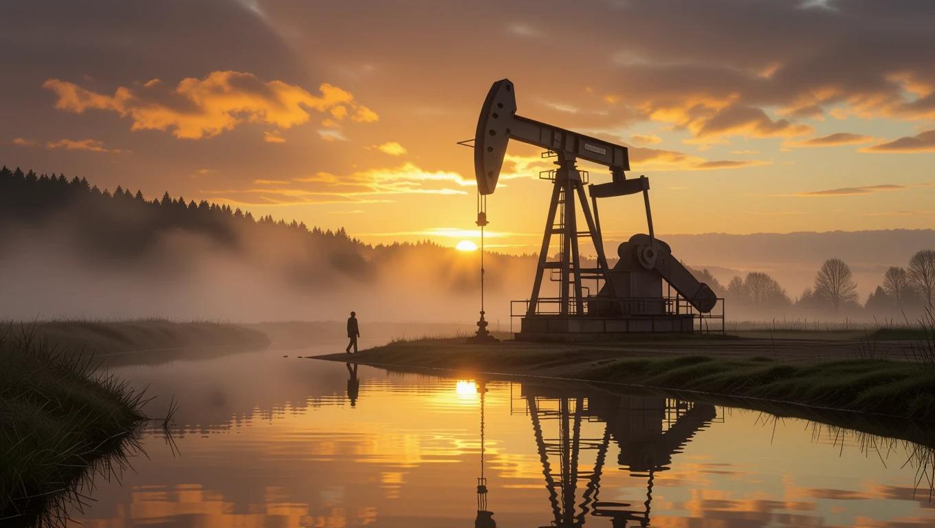 Eine Ölpumpe steht am Ufer eines ruhigen Gewässers bei Sonnenuntergang.