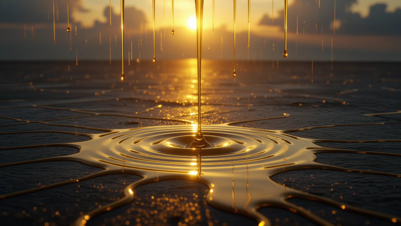 Ein goldglänzendes Öl tropft in eine Pfütze, während die Sonne untergeht.