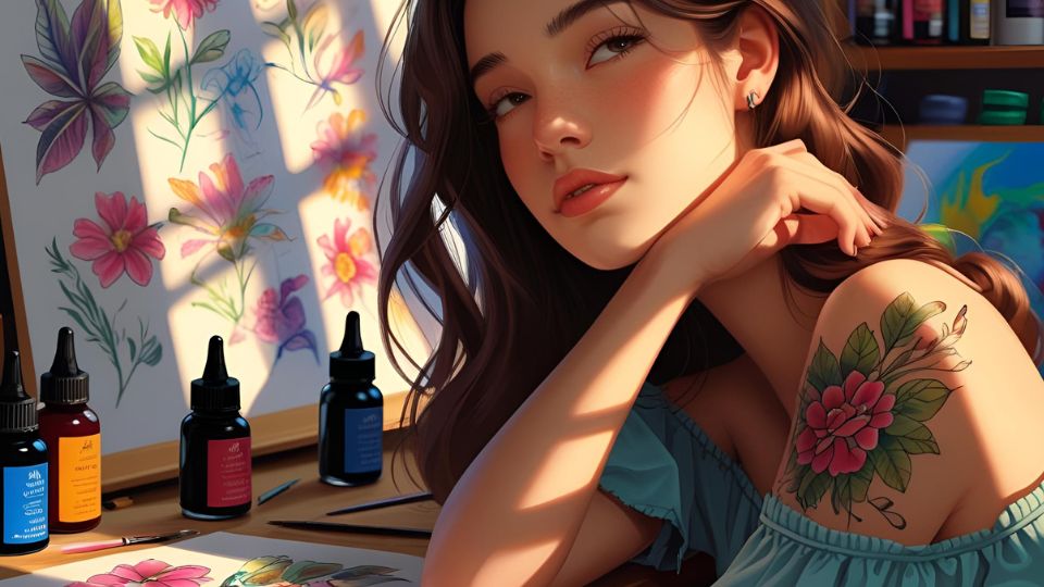 Eine junge Frau mit einem bunten Tattoo auf dem Oberarm, umgeben von Malutensilien.