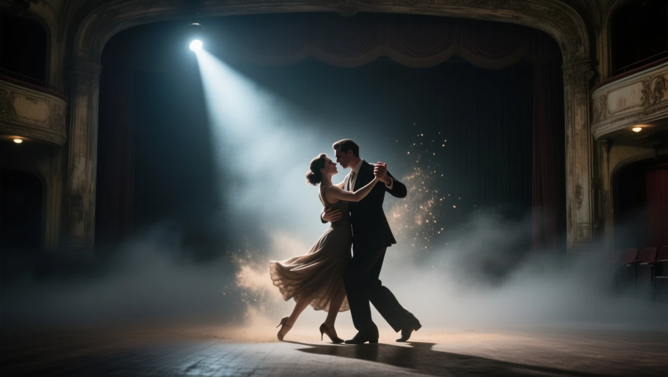 Ein Paar tanzt leidenschaftlich Tango auf einer beleuchteten Bühne.