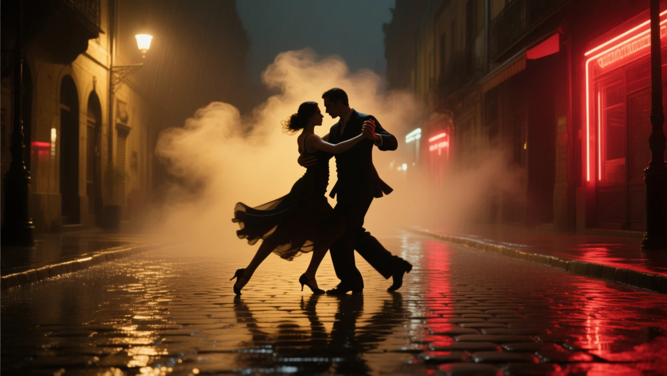 Ein Paar tanzt leidenschaftlich Tango auf einer regennassen Straße in der Nacht.