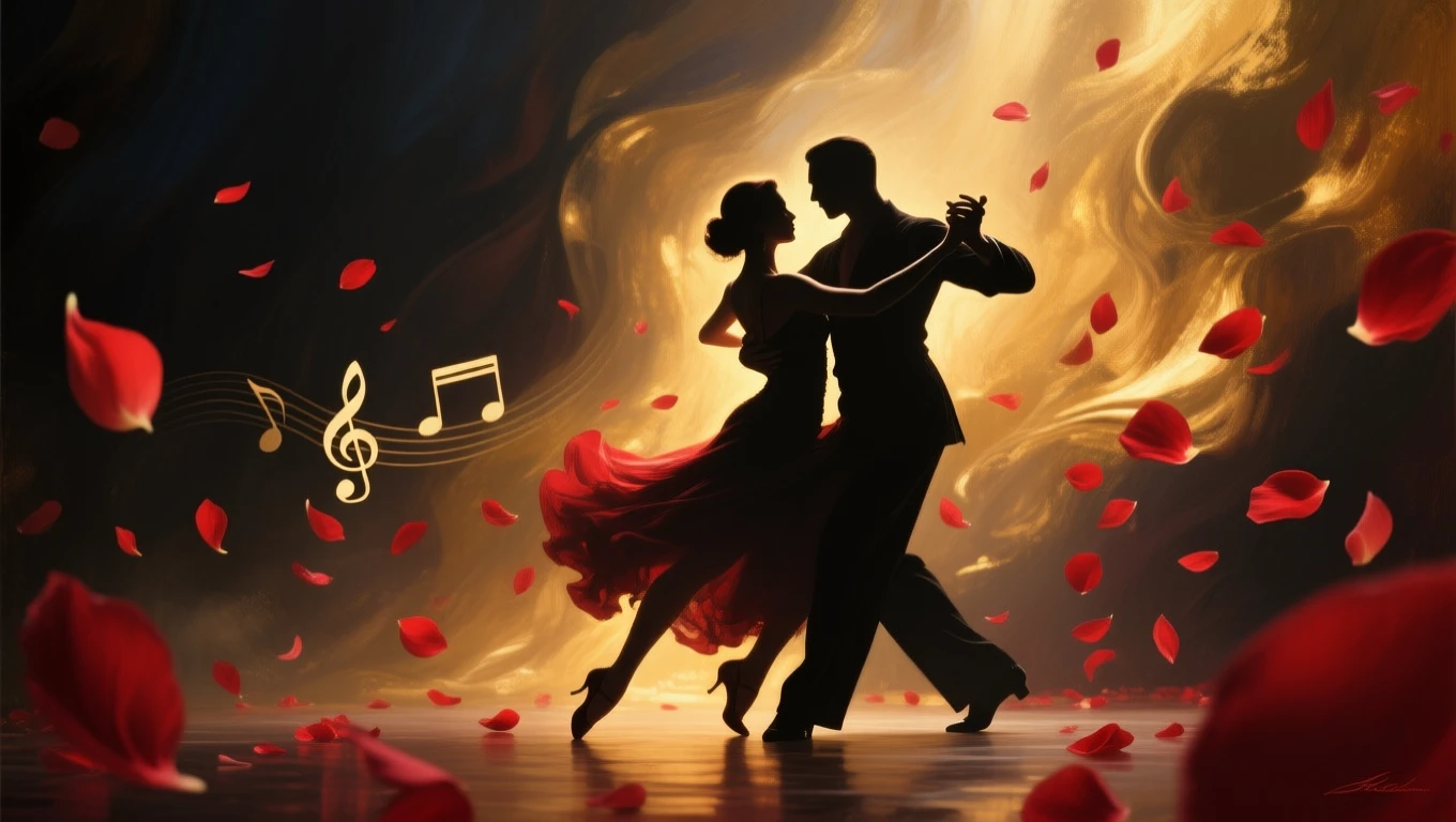 Ein Paar tanzt Tango umgeben von roten Rosenblättern und Musiknoten.