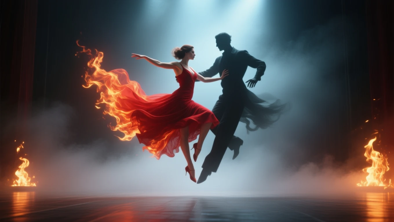 Eine leidenschaftliche Tango-Tänzerin in rotem Kleid tanzt mit einem Schattenpartner.