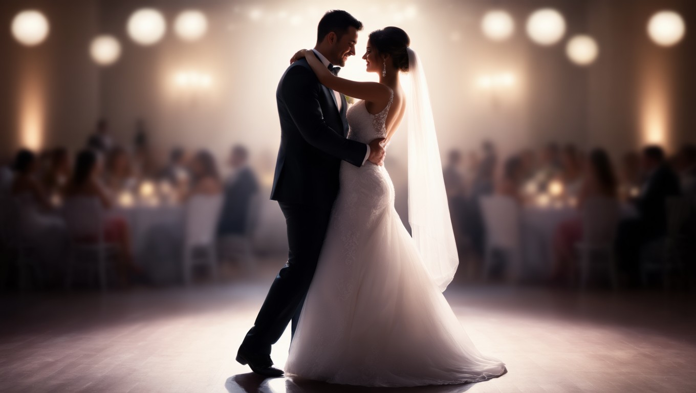 Ein Brautpaar tanzt romantisch in einem festlichen Saal.