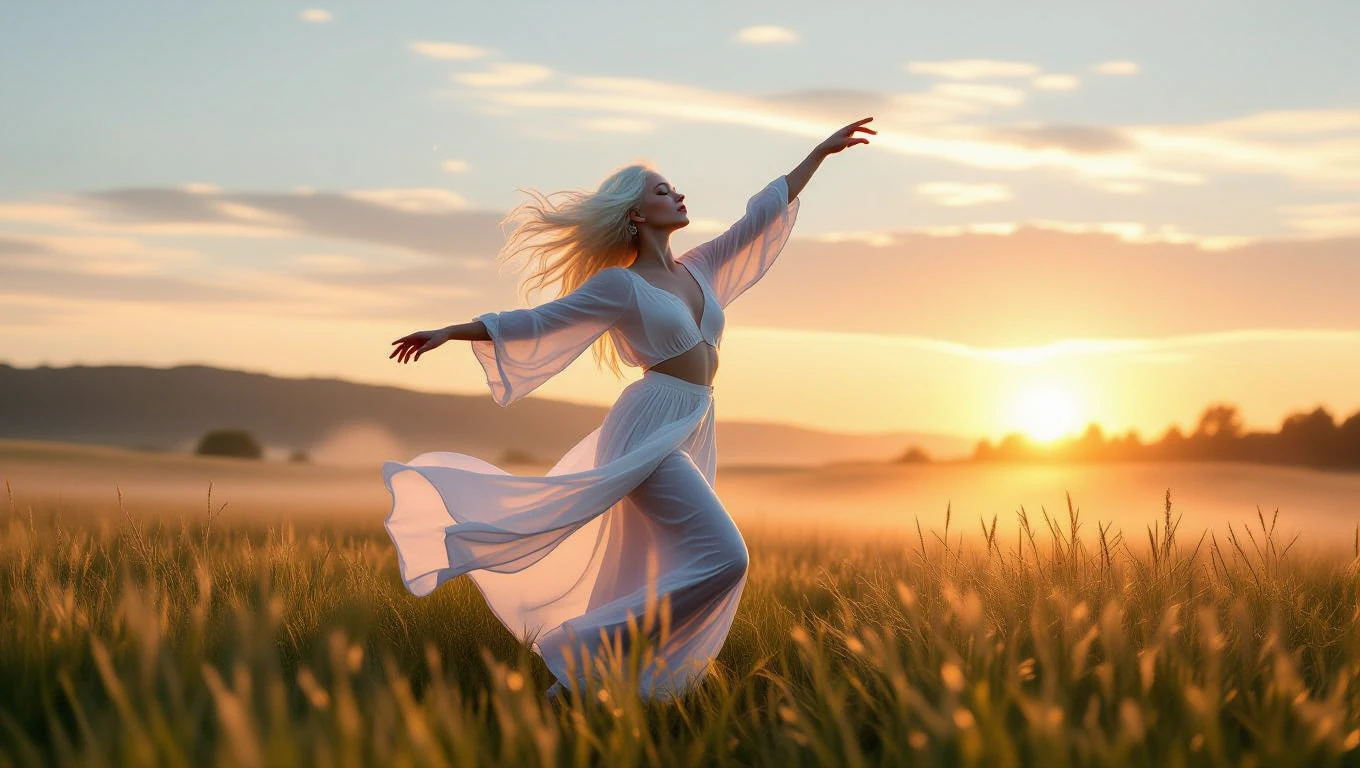 Eine tanzende Frau in einem weißen Kleid, umgeben von goldenem Licht und Natur.