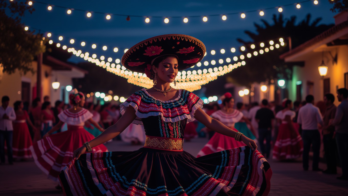 Eine Frau in traditioneller Kleidung tanzt bei einem mexikanischen Festival unter Lichtern.