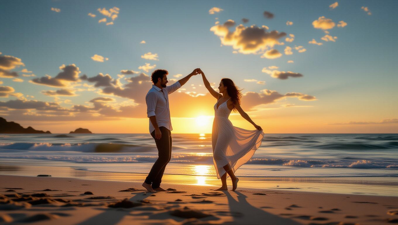 Ein Paar tanzt am Strand bei Sonnenuntergang, umgeben von sanften Wellen.