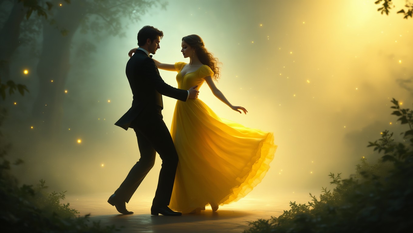 Ein Paar tanzt in einem magischen, nebligen Wald, die Frau trägt ein gelbes Kleid.