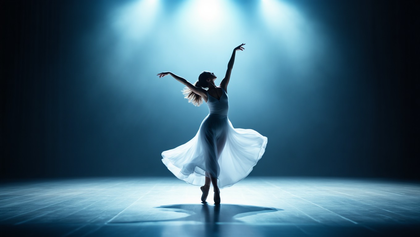Eine Tänzerin in einem fließenden weißen Kleid, die im Scheinwerferlicht tanzt.