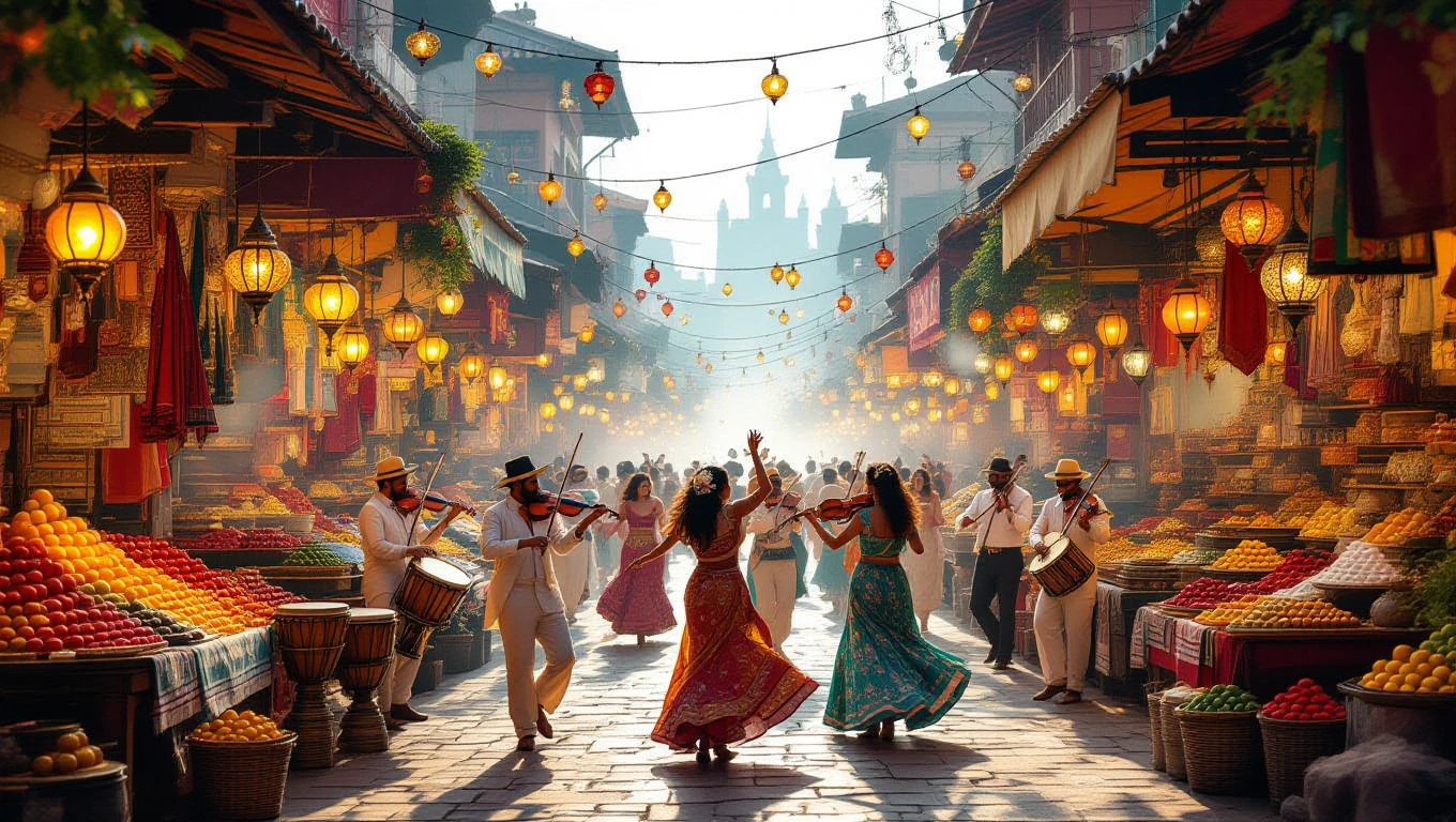 Eine lebendige Marktszene mit tanzenden Menschen und Musikern, die Freude und Freiheit symbolisieren.