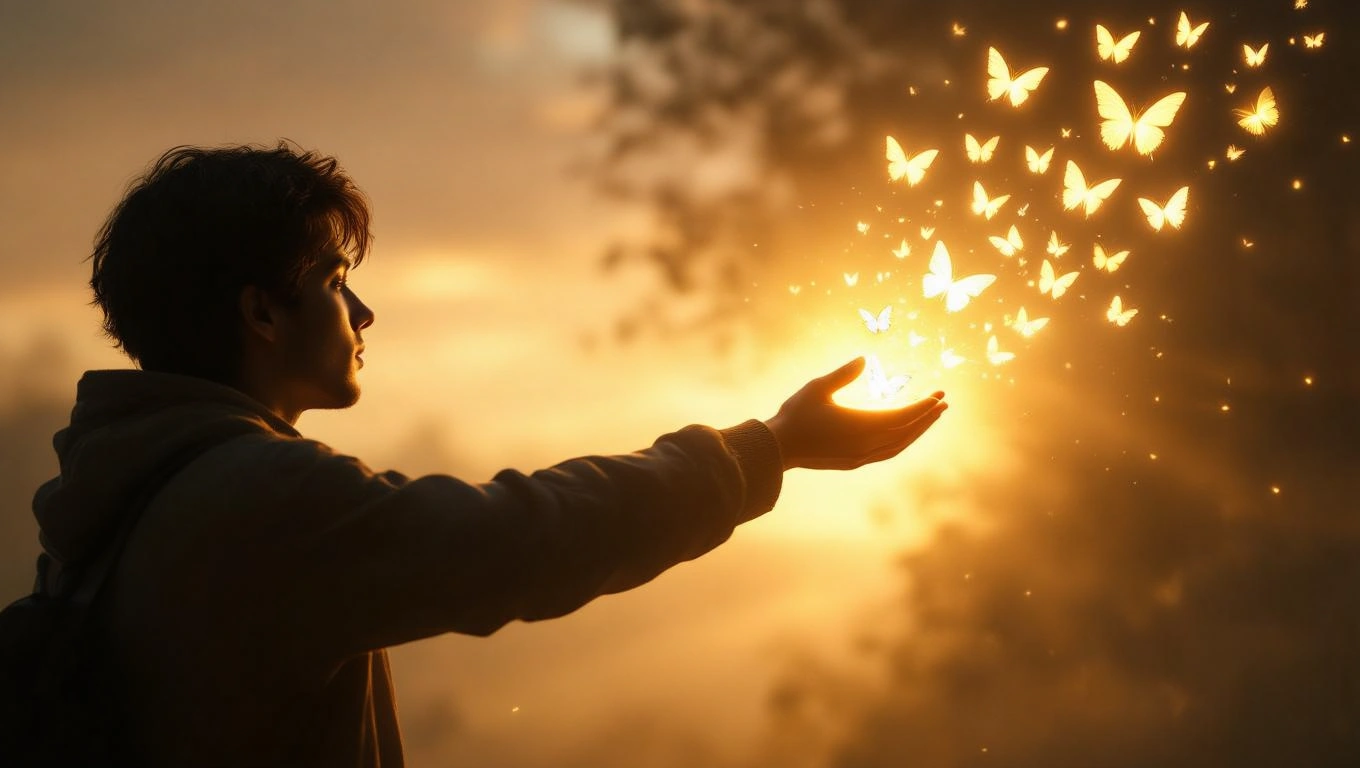 Ein junger Mann hält seine Hand offen, während goldene Schmetterlinge aufsteigen.