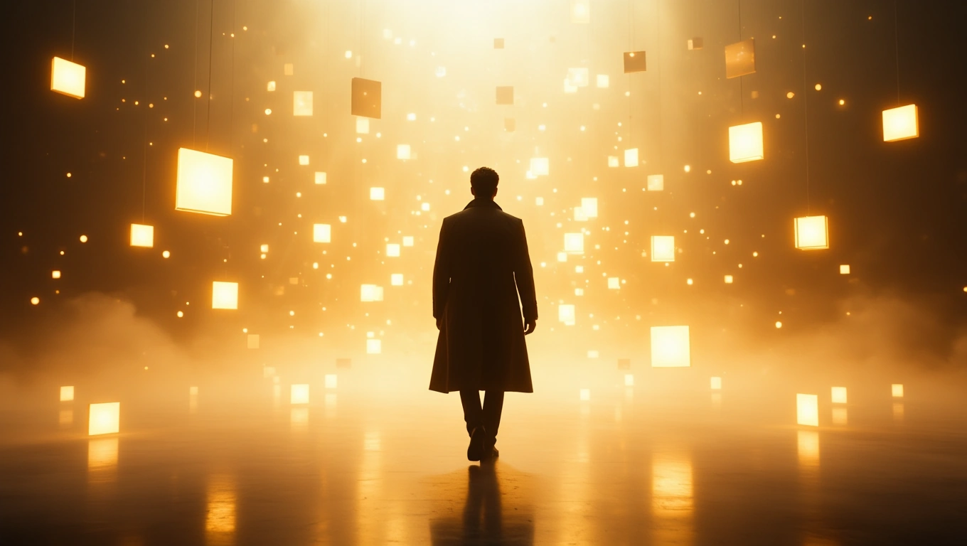 Eine silhouettenhafte Figur steht in einem leuchtenden Raum voller schwebender Kästen.